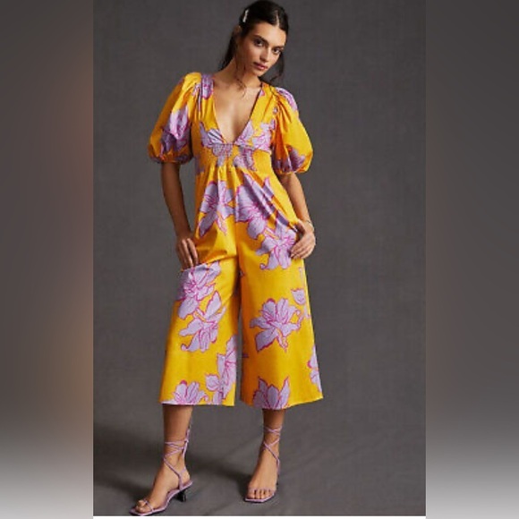 Anthropologie Hutch Yellow Floral Jumpsuit with Purple Accents - Picture 2 of 9